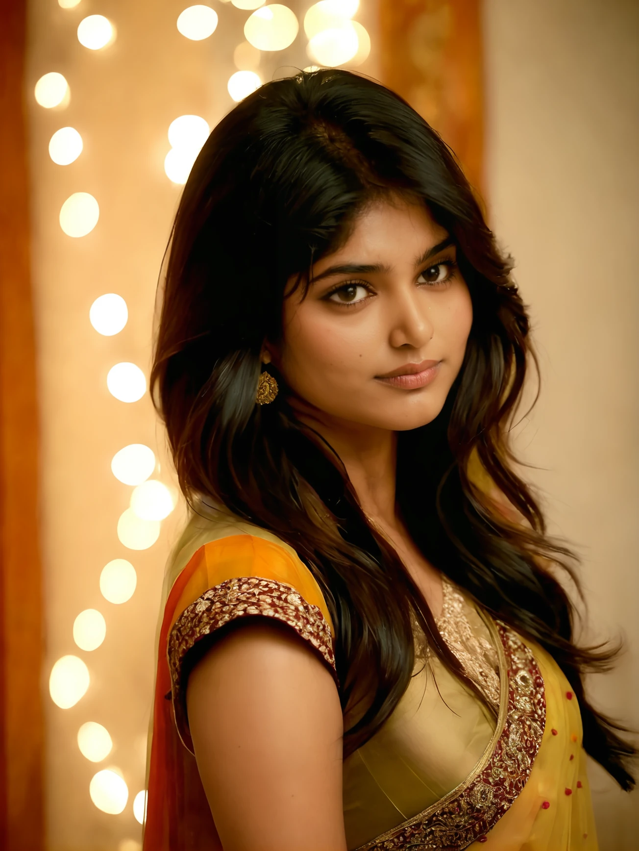 divyasynthxl woman, <lora:divyasynthxl-v1:1>, face focus, closeup, standing, smiling, closed mouth, mouth closed, in the bedroom, wearing traditional indian outfit