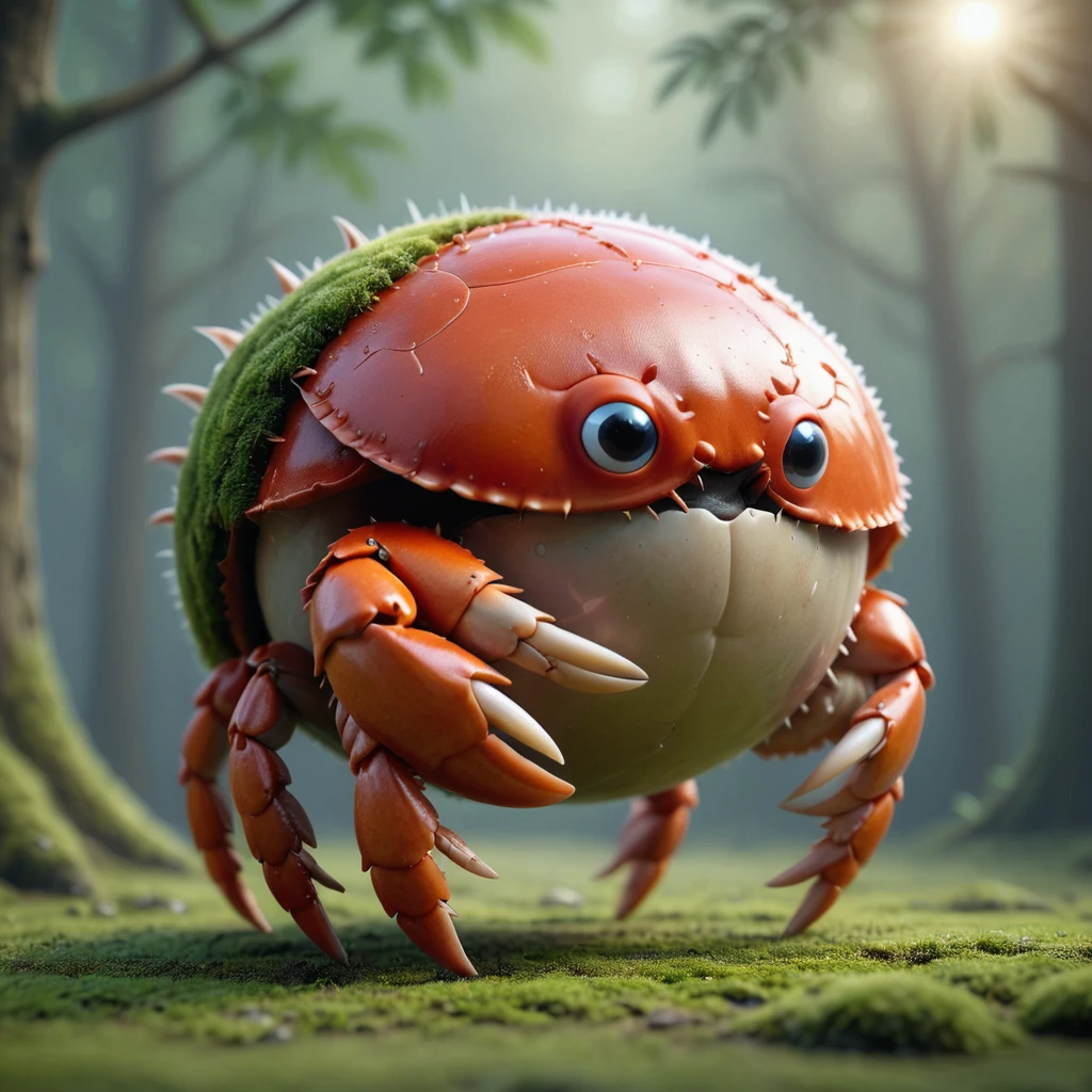 3d render of a sphrml spherical crab, a fantasy forest<lora:spherimal:1>