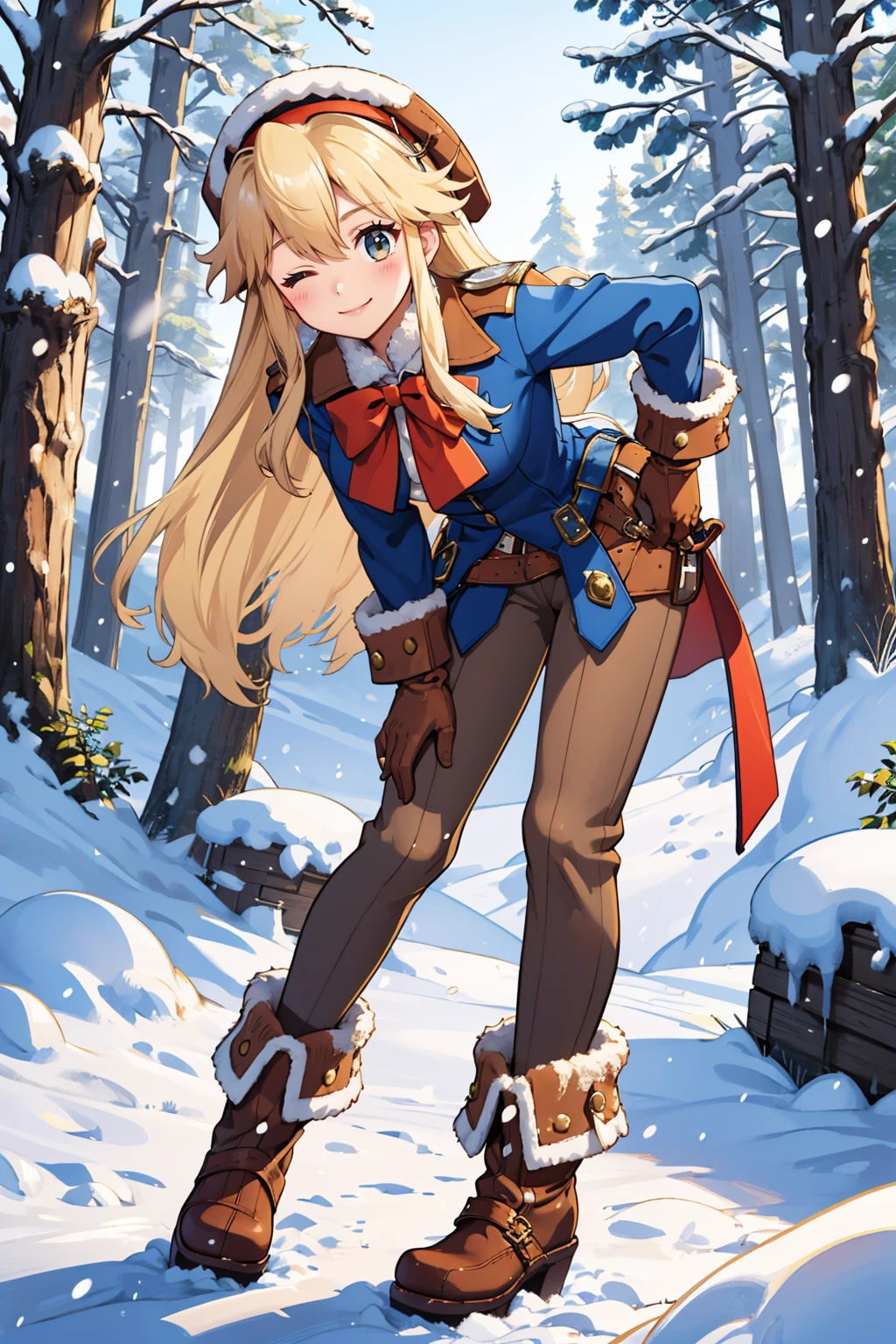 masterpiece, best quality, 1girl, <lora:clarissaarwin-nvwls-v1-000010:0.9> clarissa arwin, hat, long hair, blue uniform, red bow, brown gloves, belt, brown pants, boots, wink, smile, one eye closed, one eye open, leaning forward, alpine forest, snow, winter