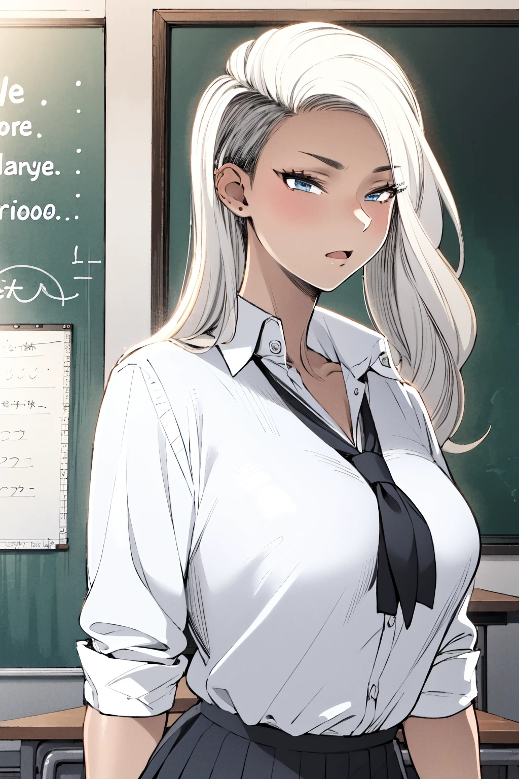 masterpiece, best quality, 1girl, <lora:Seina-000009:1> seina, dark skin, dark-skinned female, blonde hair, blue eyes, school uniform, upper body, cowboy shot, classroom