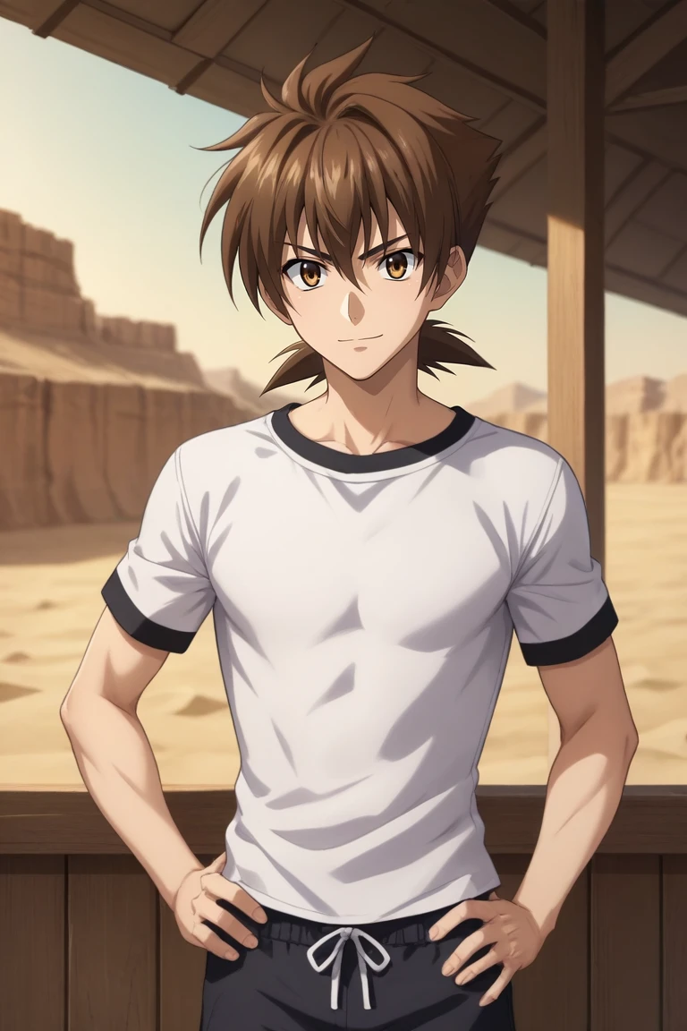 score_9, score_8_up, score_7_up, source_anime, rating_safe, intricate details, semi-realistic, , depth of field, 1boy, solo, male focus, <lora:issei_hyoudou_pony:0.76>, issei_hyoudou, brown hair, brown eyes, hair between eyes, boosted gear, claws, , upper body, sahara desert, indoors, dark, hand on hip, seductive smile, swim trunks,, <lora:sdxl_lightning_8step_lora:1>