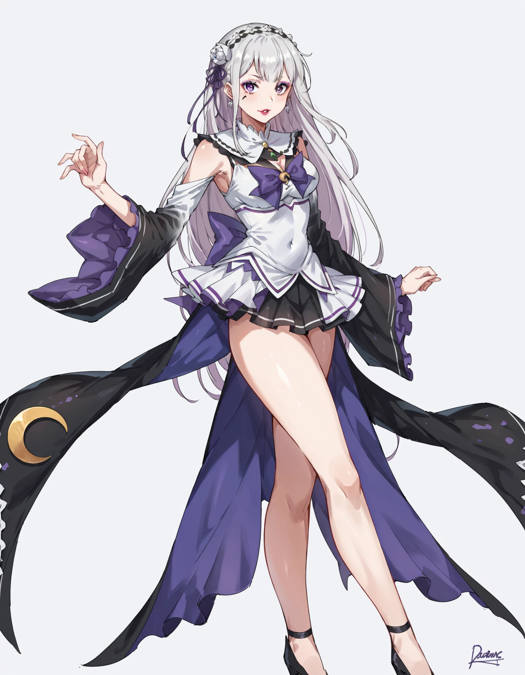 score_9, score_8_up, score_7_up, score_6_up, score_5_up, score_4_up, BREAK source_anime, emilia_(re:zero), <lora:EvlSM:0.75>, EvlSM, long legs, crescent, crescent facial mark, makeup, lipstick, mascara, eyeshadow, magical girl, beautiful background