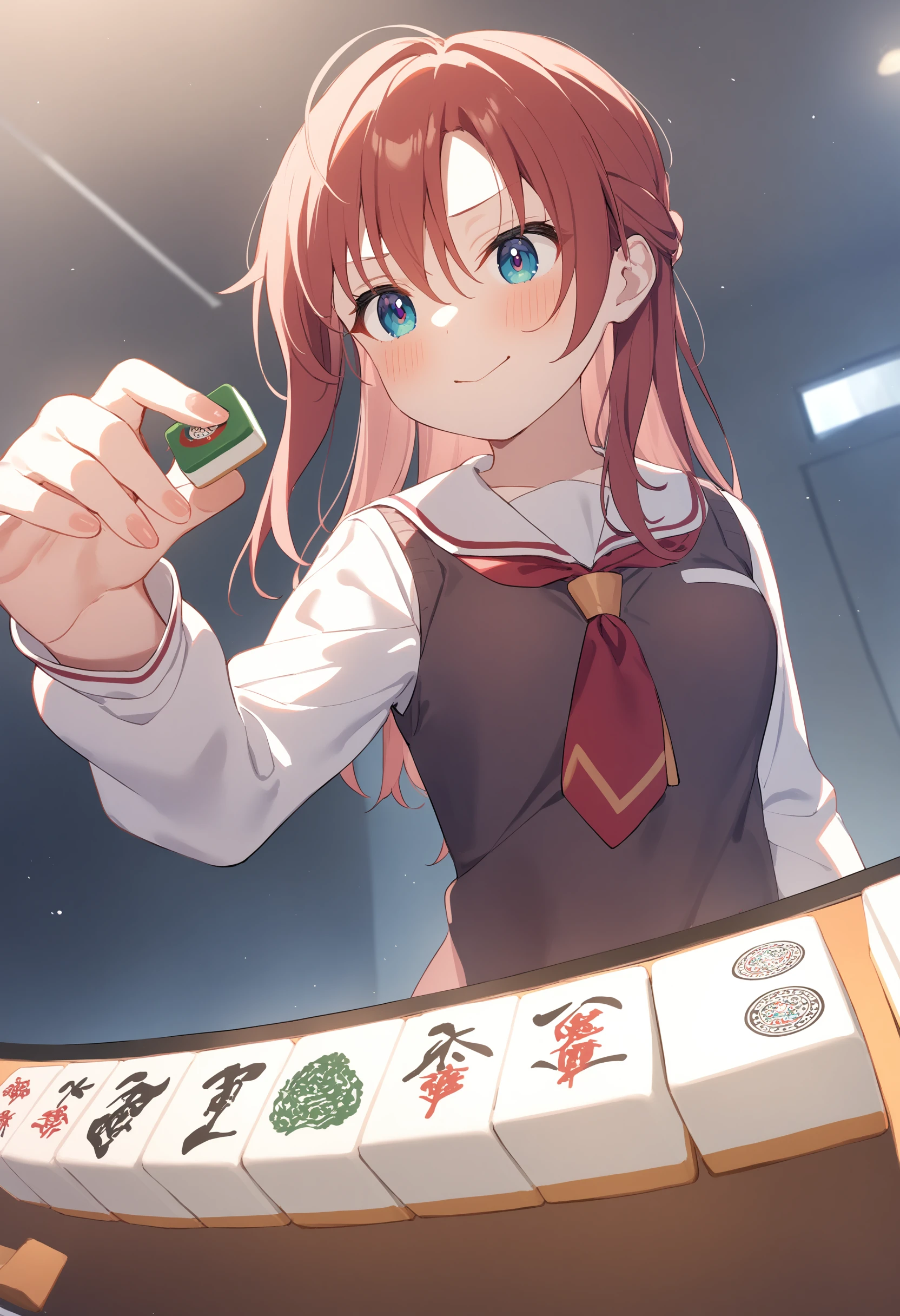 1girl,sincos, ningen mame, toosaka asagi,solo,medium breasts,school uniform,
mahjong, mahjong tile, mahjong table, board game, playing games,<lora:mahjong_XL_v1:1.0>
from below, cinematic angle, looking ahead, archaic smile, closed mouth,orange hair, gray eyes,
best quality, very aesthetic, absurdres,