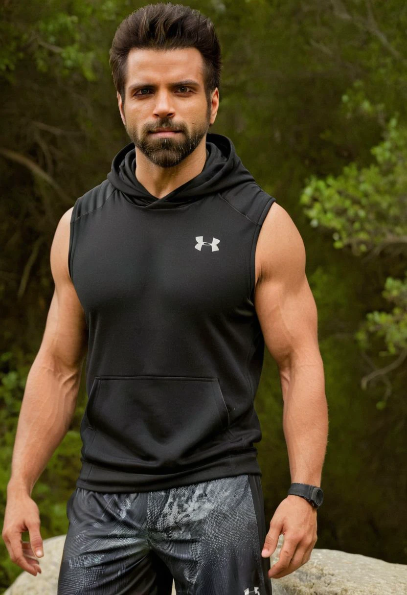 photo of mike vogel a man <lora:Rithvik-Dhanjani_Mike-Vogel:1>, wearing a sleeveless well-fitted under armour hoodie and compression shorts, standing on a boulder, outdoor trail, 35mm photograph, film, bokeh, professional, 4k, highly detailed, creek in the background, natural lighting, golden hour