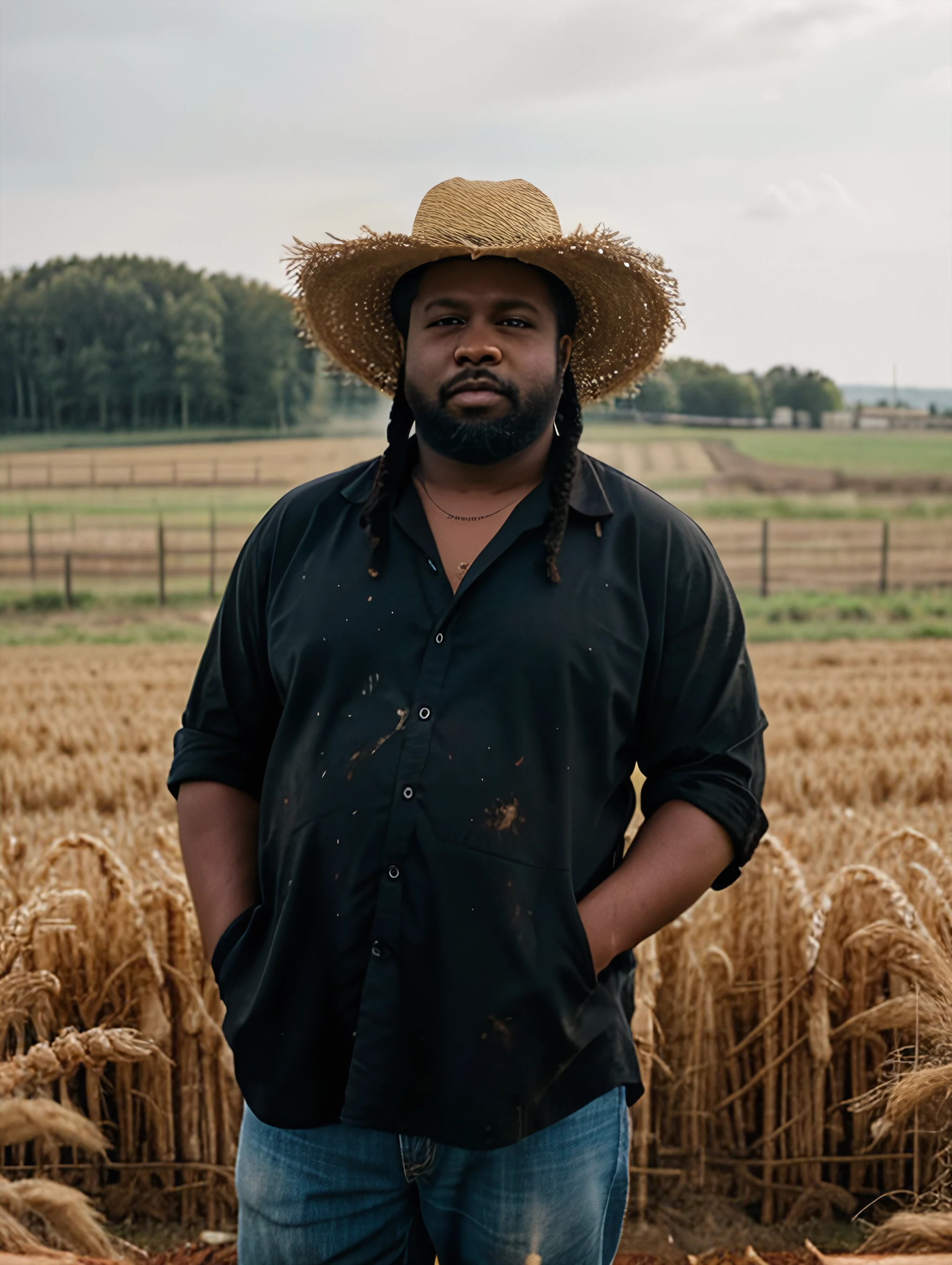 raw photo, a black fat man, a straw hat, (farmer, dirty clothes:1.1), a field with wheat in the background, a ranch, warm lighting, cosy atmosphere, Instagram style, 8k uhd, dslr, soft lighting, high quality, film grain, Fujifilm XT3, (natural skin texture, hyperrealism, soft light, sharp)