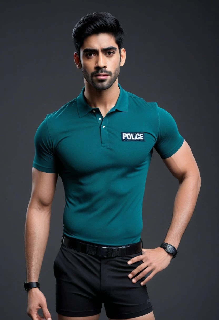 Ultra-detail, (highres:1.1), best quality, (masterpiece:1.3), Sacha Dhawan a man <lora:Rishabh-Jaiswal_Sacha-Dhawan:0.6>, skinny muscled, modern haircut, dynamic posture, ((wearing police polo shirt)), dramatic angle, full-body from above looking away,