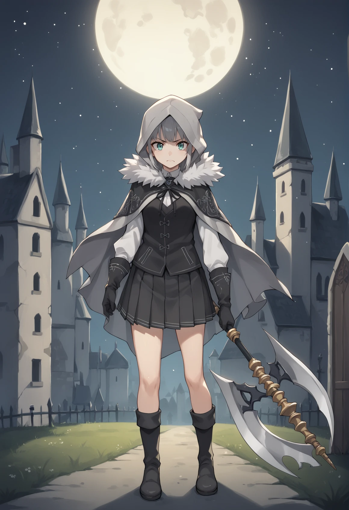 1girl, grey hair, long hair, single hair bun, french braid, sidelocks, aqua eyes, hood, hood up, capelet, cape, fur trim, white shirt, vest, pleated skirt, boots, night, night sky, outdoors, graveyard, castle, cowboy shot, holding, weapon, scythe, serious, gloves, full body, standing <lora:Grey:1>, score_9, score_8_up, score_7_up, score_6_up, score_5_up, score_4_up, BREAK source_anime, masterpiece