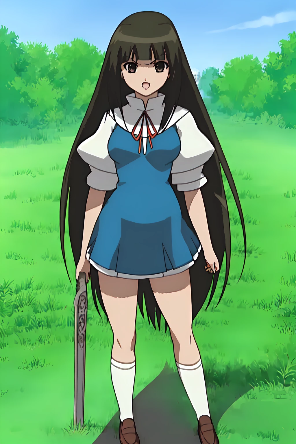 (extremely detailed CG unity 4k wallpaper),(anime coloring),(masterpiece),(best quality),(ultra-detailed),(best illustration),(best shadow),(absurdres),(detailed background), YuriKurosu, <lora:YuriKurosu:1> 1girl, black hair, long hair, black_eyes, detailed_eyes, black_eyeshadow, school uniform, red ribbon, medium breasts, vintage_dress_\(module\), bangs, blunt_bangs, short_sleeves, white_socks, full_body, outdoors, school, black_eyes, holding holding_sword holding_weapon, looking_at_viewer, solo, sword, weapon