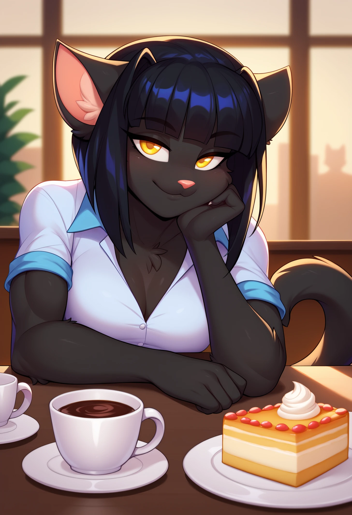score_9, score_8_up, score_7_up, BREAK 1girl, solo, rachaelsaleigh, cat girl, black fur, yellow eyes, animal ears, cat tail, black hair, short hair, medium breasts, <lora:RachaelSaleighPDXL_V1-Manityro-CAME:1.0>, indoors,
looking at viewer, toned,
pov across table, pov, table, cafe, coffee, indoors, upper body, elbow rest, seductive smile, cake
