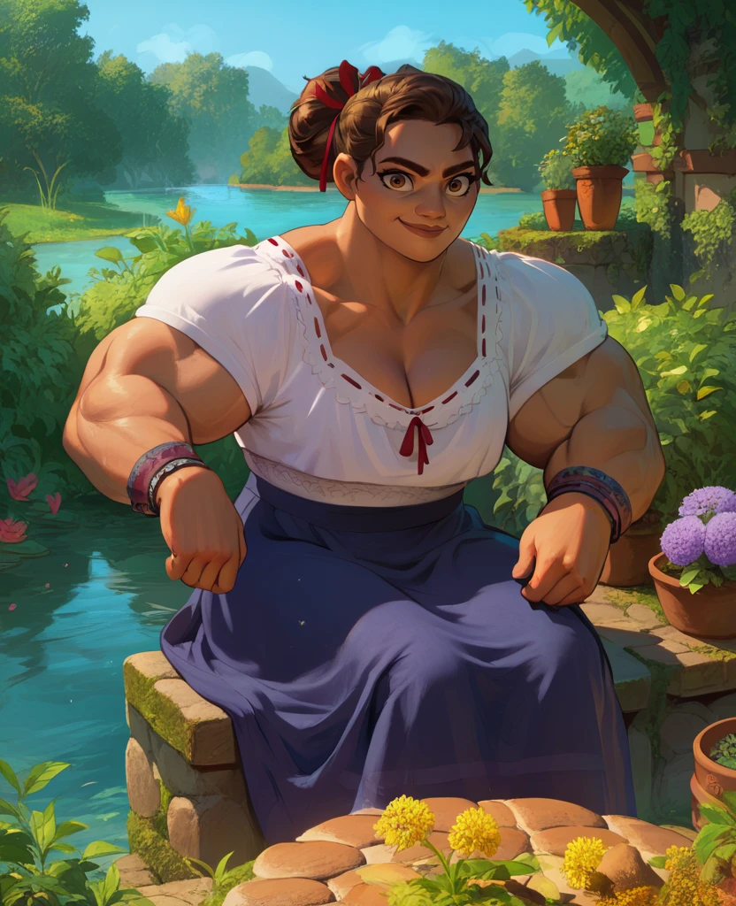 score_9,score_8_up,score_7_up,score_6_up,
Luisaxl,brown hair,hair bun with red ribbon,brown eyes,muscular,smug, looking at viewer,  surprised, cleavage,sitting,
blue skirt,bracelets,white top,
garden,morning,lake,
<lora:LuisaENC:0.9>,