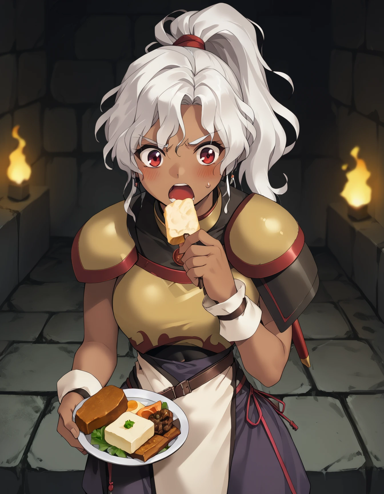 score_9, score_8_up, score_7_up <lora:rita-ponyxl-000025:1> wwrita, red eyes, white hair, ponytail, dark-skinned female, shoulder armor, breastplate, navel, purple skirt,
1girl, blush, depth of field, dungeon, eating, frown, hand up, holding utensil, looking at food, open mouth, solo, steam, sweatdrop, torch, upper body
