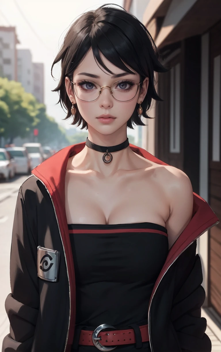 BARUTO_Timeskip_Uchiha_Sarada_ownwaifu, hand in pocket,
1girl, glasses, round eyewear, black hair, black eyes, bangs, swept bangs, short hair, lips, medium breasts, thighs,
black choker, earrings, jewelry, strapless, off shoulder, collarbone, red belt, open jacket, black jacket, black shorts, black dress, black footwear, long sleeves, leg warmers, konohagakure symbol, thigh strap, thigh pouch, loose socks,
<lora:BARUTO_Timeskip_Uchiha_Sarada_ownwaifu:0.7> ,
((masterpiece)),((best quality)),(highres), bokeh, depth_of_field, scenery, spotlight, focused, looking at viewer, solo,