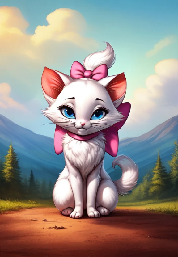 <lora:MarieTheAristocatsI:1>   MarieTheAristocatsI, cat, pink bow on the neck, blue eyes, small pigtail, chibi,
 [road, earth, forest, trees, sky, clouds, mountains,] , solo,  looking at viewer, to his full height, (beautiful, aesthetic, perfect, delicate, intricate, masterpiece, ) 
 [by kenket|by totesfleisch8], by thebigslick:by silverfox5213:0.8], [by syuro, by paloma-paloma::0.2, (Tricksta, TotesFleisch8)
(kneeling on one leg)