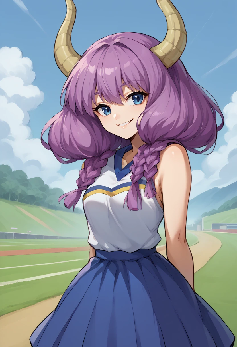 score_9, score_8_up, source_anime, 1girl, solo, AuraFrieren, purple hair, blue eyes, horns, long hair, twin braids, HaruCheerUniform, sleeveless, blue skirt, smile, outdoors, <lora:ChamHaruCheerUniformPonyXL:1>, <lora:ChamAuraPonyXL:1>