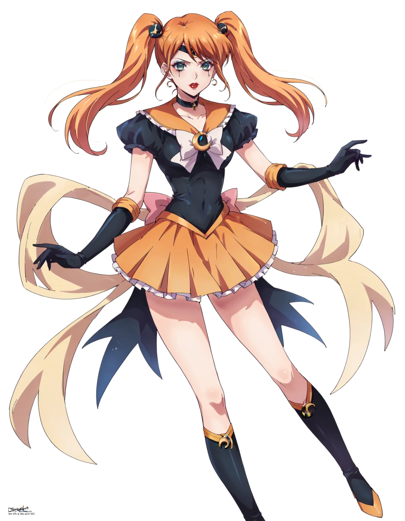 score_9, score_8_up, score_7_up, score_6_up, score_5_up, score_4_up, BREAK source_anime, <lora:Riho:0.9>, RihoCT, orange hair, twintails, <lora:EvlSM:0.5>, EvlSM, long legs, crescent, crescent facial mark, makeup, lipstick, mascara, eyeshadow, magical girl
