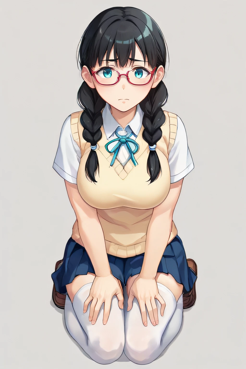 score_9, score_8_up, score_7_up, source_anime, rating_safe, intricate details, anime screencap, official style, <lora:PONY_Megumi:1>, megumi, aqua eyes, glasses, black hair, twin braids, large breasts, pleated skirt, blue skirt, short sleeves, pleated skirt, sweater vest, cowboy shot, blush, hands on thighs, feet, embarrased, looking at viewer, hair over shoulders, frontal view, simple background, full body, kneeling, sitting, white thigh highs, <lora:sdxl_lightning_8step_lora:1>, five fingers