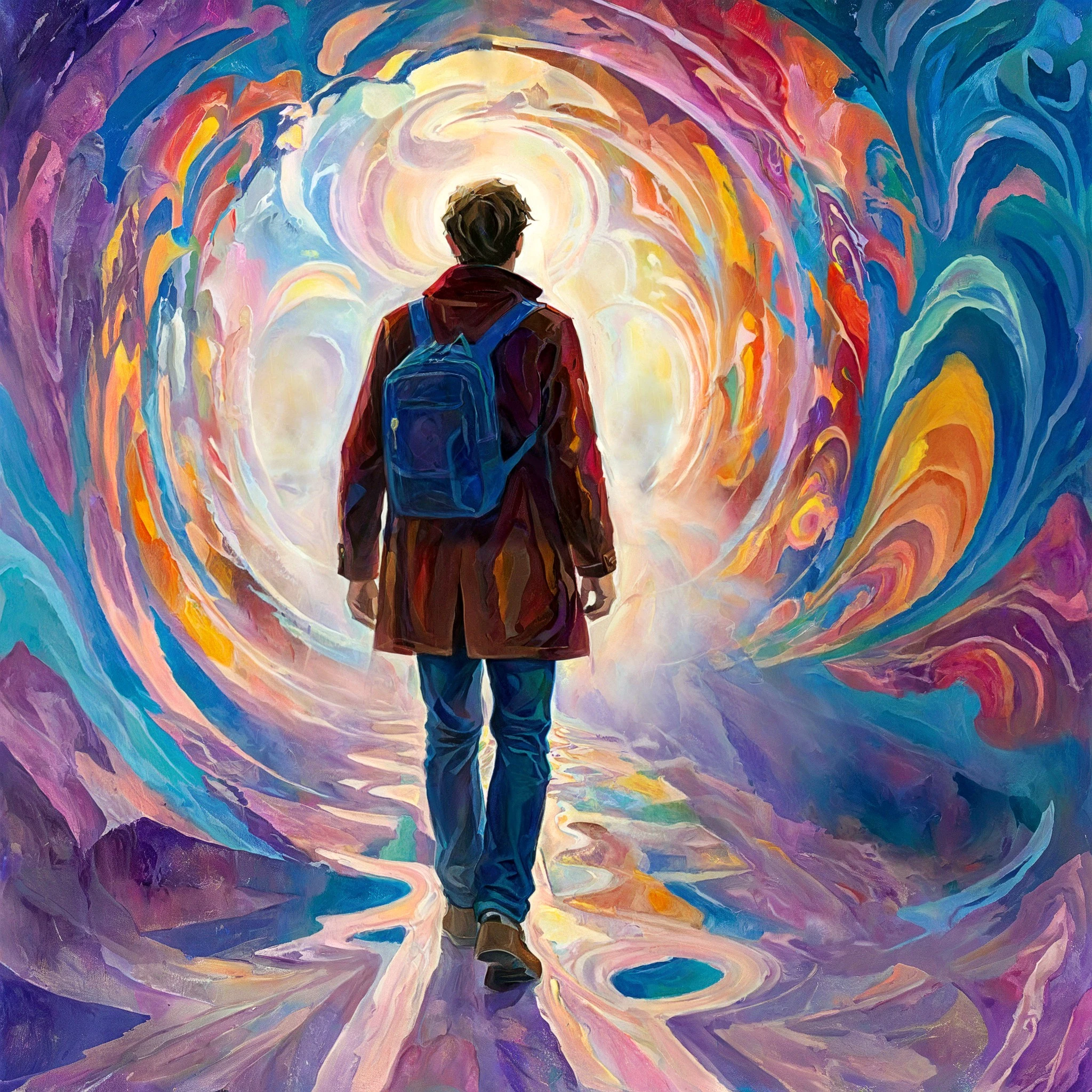 Abstract style painting Abstract colourful painting of a man walking through (inside a tunnel portal wormhole) in space time, swirls of colourful misty space fog, swirls and glimpses of other places and dimensions, with a (((mountains in the background))), psytrance artwork, progressive rock album cover, beautiful avatar pictures, cryptocurrency in the background, entering the mind maze, beautiful render of a fairytale, creation <lora:xl_more_art-full_v1:0.18>, cinematic, colorful background, concept art, dramatic lighting, trending on artstation. . Non-representational, colors and shapes, expression of feelings, imaginative, highly detailed ,painterly style.