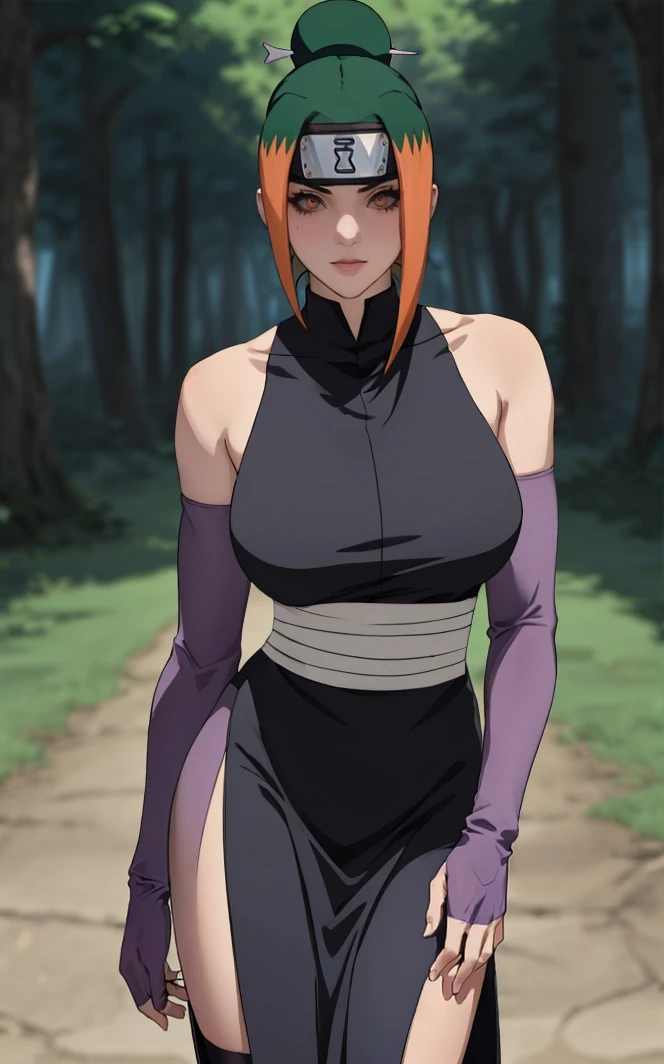 ReIncarnated_Kunoichi_Pakura_ownwaifu,
1girl, forehead protector, brown eyes, black sclera, colored sclera, single hair bun, green hair, orange hair, hair ornament, breasts, large breasts, multicolored hair, collarbone, two-tone hair,
sarashi, bare shoulders, ninja, sleeveless, detached sleeves, purple gloves, elbow gloves, bandaged leg, leg wrap, black dress,
<lora:NARUTO_Kunoichi_Pakura_ownwaifu:0.7> ,
((masterpiece)),((best quality)),(highres), bokeh, depth_of_field, day, tree shade, sunlight, scenery, architecture, looking at viewer, solo, cowboy shot,