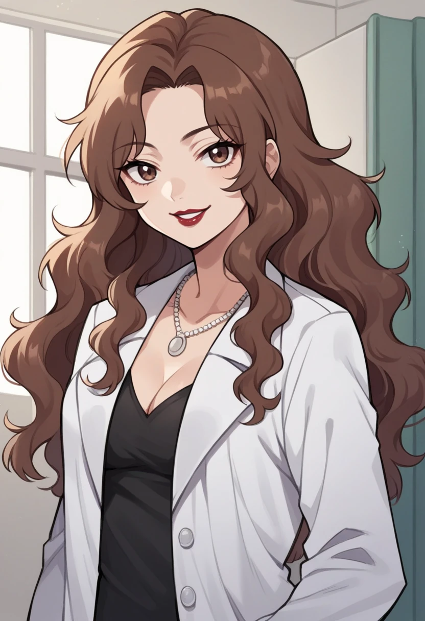 score_9, score_8_up, score_7_up, source_anime BREAK 1girl, solo, <lora:zs_NatsumiXL:1> natsumip1, long hair, wavy hair, brown hair, lab coat, black dress, cleavage, medium boobs, necklace, lipstick, cowboy shot, nurses office, hospital room, seductive smile, looking at viewer,