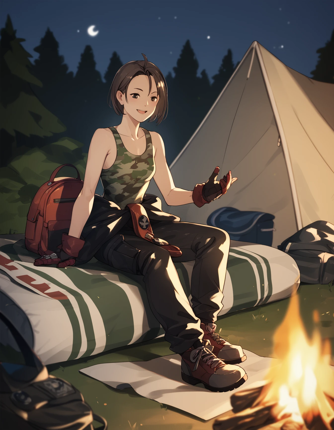 score_9, score_8_up, score_7_up <lora:kazama-akira-ponyxl-000013:1> rskzm, camouflage tank top, jacket around waist, bare arms, leather pants, gloves,
1girl, solo, happy, camping, sitting, campfire, sitting on camping chair, leaning back, blanket, outdoors, night