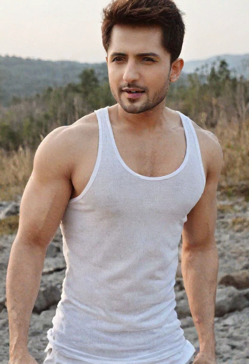 jean-luc bilodeau <lora:rehaan-roy_Jean-Luc-Bilodeau:1>, high quality, (wearing white tank top:1.2), alaska, snow, winter, large pectorals, ectomorph body, red, pink, blue
