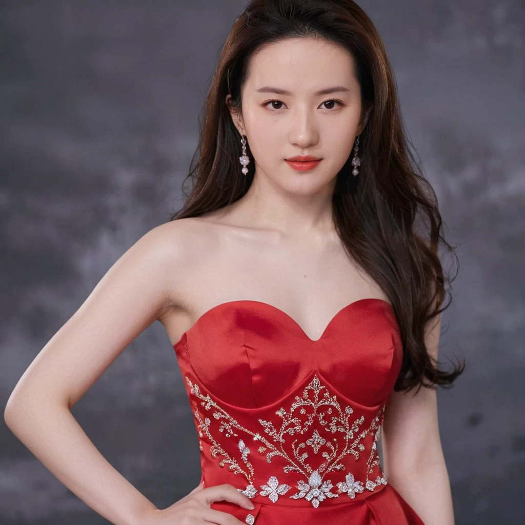 (lyfei woman:1.2)<lora:lora_lyf-step00003500-sd_xl_base_1.0:1> ,wearing a red dress(Mermaid skirt,Set with countless small diamonds)