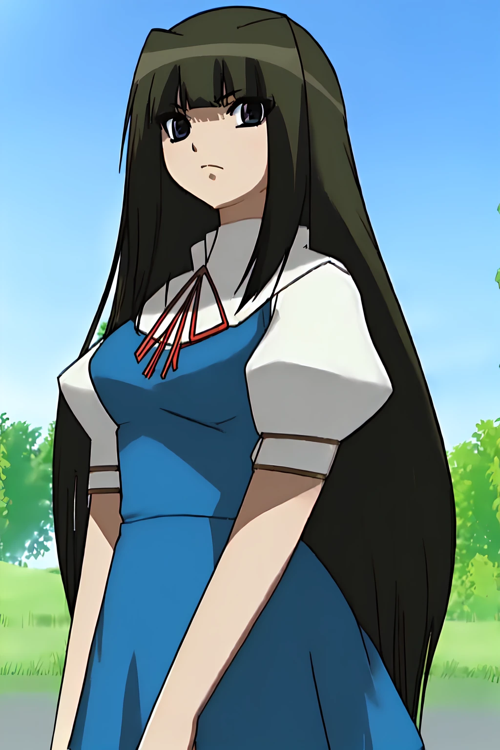 YuriKurosu, <lora:YuriKurosu:1> 1girl, black hair, long hair, black_eyes, detailed_eyes, black_eyeshadow, school uniform, red ribbon, medium breasts, vintage_dress_\(module\), bangs, blunt_bangs, short_sleeves, full_body, high contrast, best quality, outdoors, school, looking at viewer,