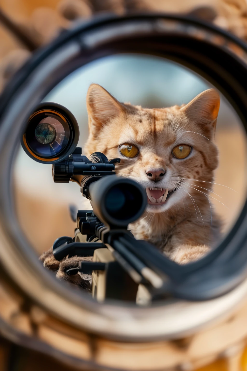 <lora:tbh73-:1>,masterpiece,best quality,animal sniper,In the telescope view,the animal is holding a sniper rifle and smiling at the camera,vivid and humorous,