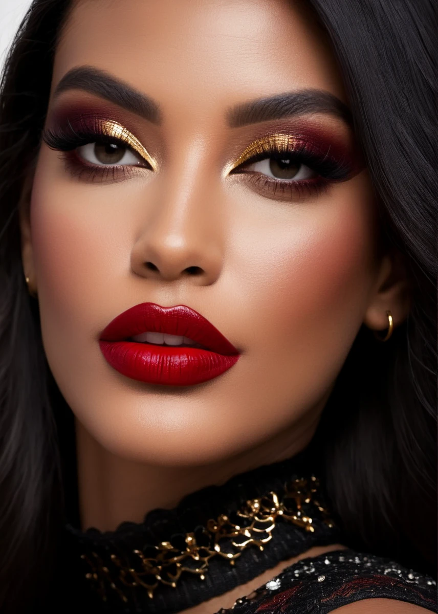 fashion editorial style, full body of A captivating masterpiece of an woman, (((dressed in a turtleneck Blouse))), The intricate lace and gold details exude a very rebellious aura. ((A bold and daring makeup look featuring ombre lips that transition from a deep, dark red at the center to a glossy black at the outer edges. The lips are expertly lined and filled in with precision, creating a gradient effect that is both edgy and sophisticated)). ((The use of high-shine gloss adds a touch of glamour and dimension to the look)), ((while the deep red and black hues give it a dramatic, vampy vibe)), low-key photography:1.3, one rim side light, narrow lighting, only one light source, facing camera, shallow depth of field, high fashion, trendy, stylish, editorial, magazine style, professional, highly detailed, 8K, <lora:MS_SamanthaCruuz_V1_SDXL:0.8>