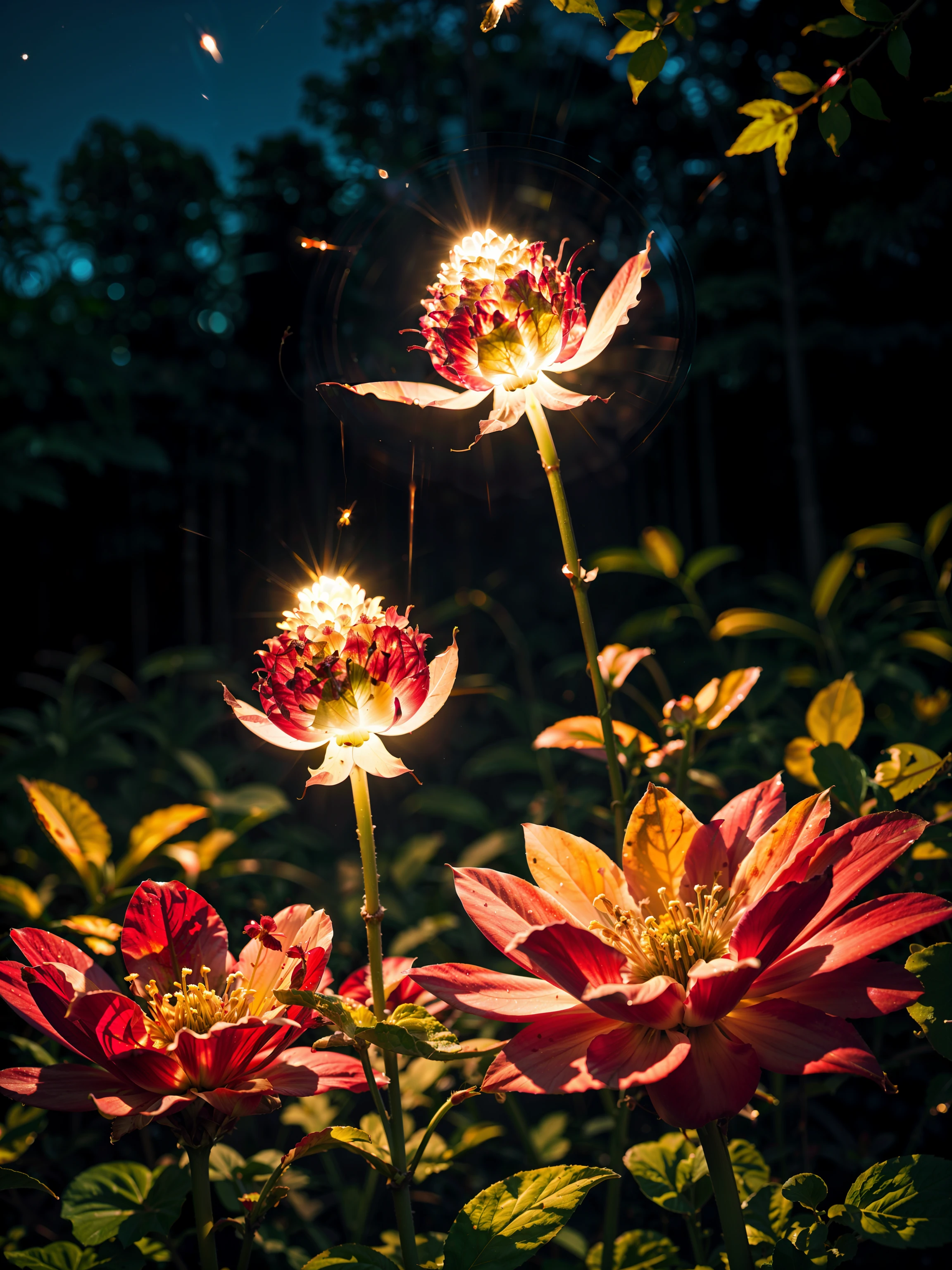 beautiful landscape photography at night, dappled lights, fireflies, will-o'-the-wisp, something red, glow, (path:-1), (river:-1), (symmetrical:-1), (road:-1)