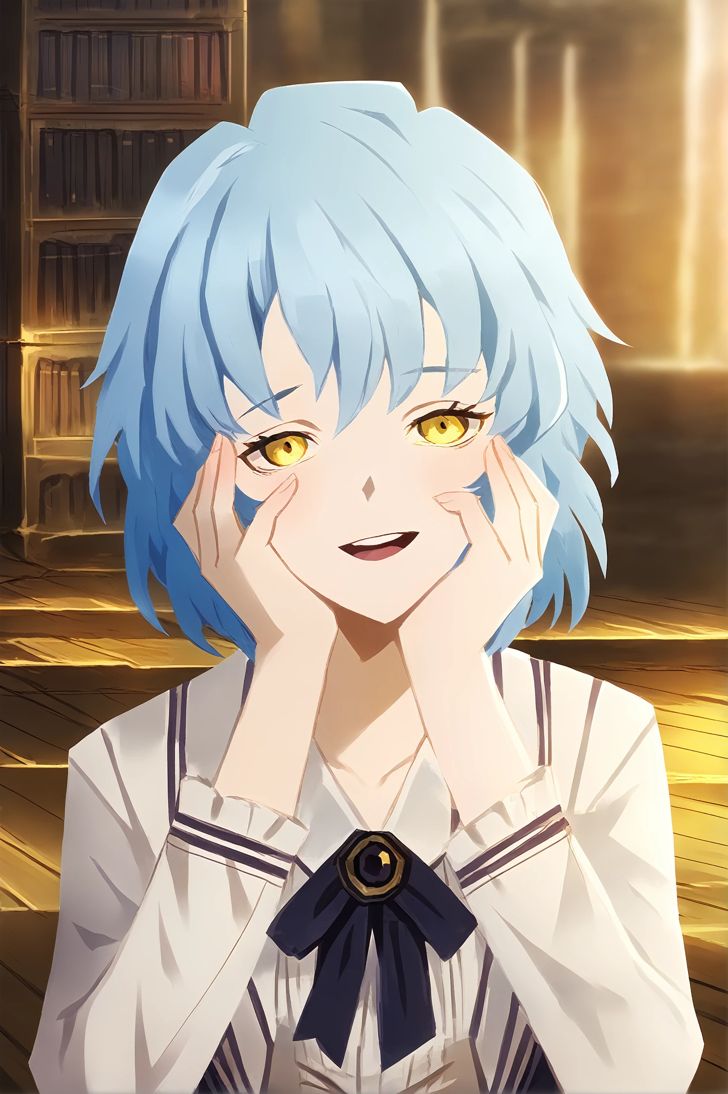 score_9,
<lora:yandere_trance_v1_pruned:1>, yandere trance,
<lora:library_of_ruina_v1_pruned:1>, 1girl, light blue hair, medium hair, yellow eyes, solo,
indoors, bookshelf,
high resolution, Masterpiece, detailed