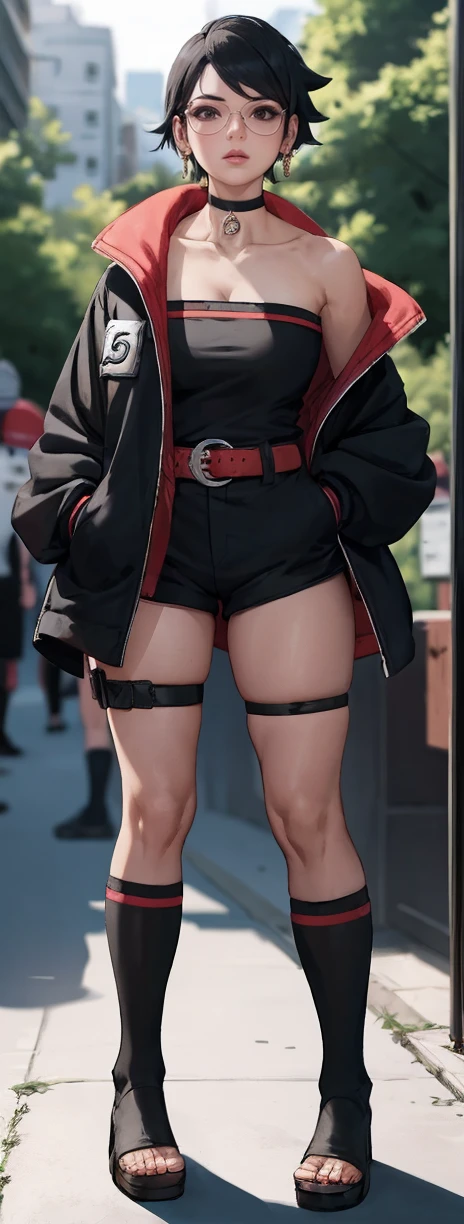 BARUTO_Timeskip_Uchiha_Sarada_ownwaifu, hands in pockets, full body,
1girl, glasses, round eyewear, black hair, black eyes, bangs, swept bangs, short hair, lips, medium breasts, thighs,
black choker, earrings, jewelry, strapless, off shoulder, collarbone, red belt, open jacket, black jacket, black shorts, black dress, black footwear, long sleeves, leg warmers, konohagakure symbol, thigh strap, thigh pouch, loose socks,
<lora:BARUTO_Timeskip_Uchiha_Sarada_ownwaifu:0.7> ,
((masterpiece)),((best quality)),(highres), bokeh, depth_of_field, scenery, spotlight, focused, looking at viewer, solo,