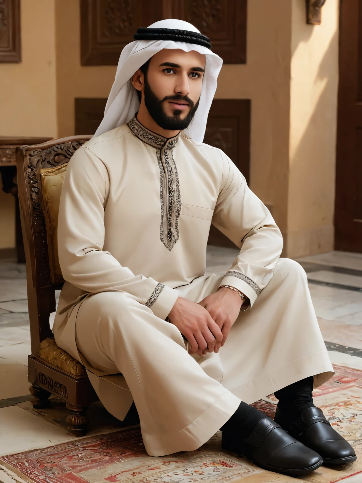 (masterpiece:1.3),(best quality:1.2),highres,sharp,photorealistic,realistic,UHD,
1boy,facial hair,beard,sitting,indoors,(ghutra:1.2),black footwear,<lora:arab robe2:1>,thobe,arabian,