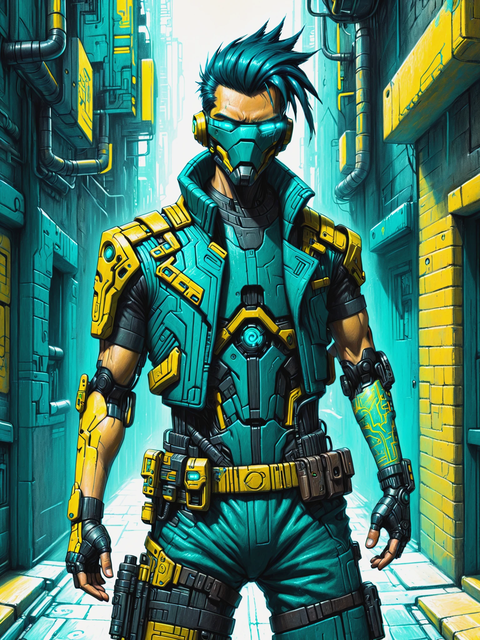 man holding gun, alley, cyberpunk, scifi mad-crayon, teal and yellow  <lora:Neon_Cyberpunk_Crayon_SDXL:0.8>, (masterpiece:1.2), best quality