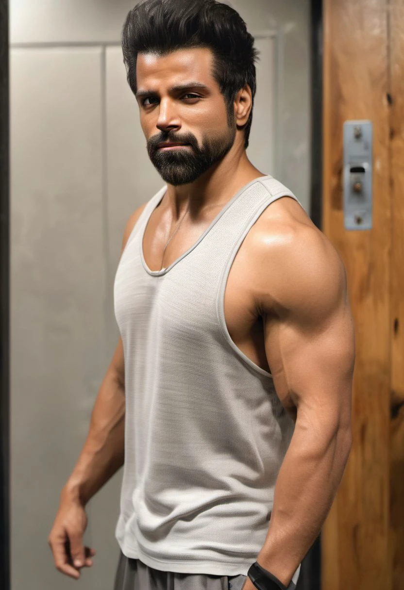 (RAW photo:1.4), mike vogel a man <lora:Rithvik-Dhanjani_Mike-Vogel:1>, looking at viewer, smirk, full body, wearing tank top, sweating, towel around neck, standing, dark features, smooth, muscles, barefoot, ((steamy locker room setting)), intricate details, 8k, ultra-high-definition, (photo-realistic:1.3),(fit and sculpted physique:1.1), (accentuating his every curve:1.1), (subtle sheen and texture:1.2), (soft and brightly lit:1.2), (muted color palette:1.1),