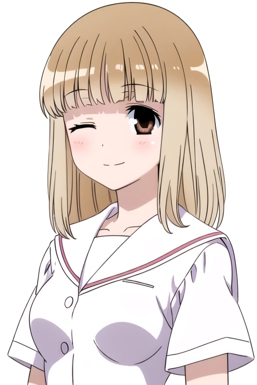 solo, 1girl, looking at viewer, 2D, anime, anime coloring, upper body, (simple background, solid white background:1.3), <lora:mihoko-saki:0.8>, mihoko fukuji, one eye closed, school uniform, serafuku, smile