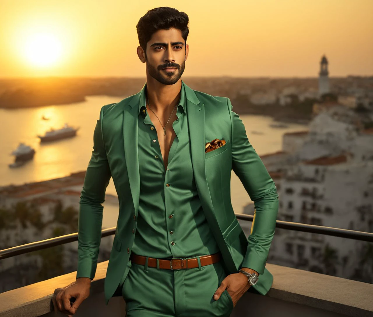 Nautical-themed (Photo:1.3) of (Ultrarealistic:1.3) <lora:Man_Men_FFashion:1> Sacha Dhawan a man <lora:Rishabh-Jaiswal_Sacha-Dhawan:0.75> in a green suit standing on a balcony, handsome man, attractive man, handsome male, sun behind him, inspired by Pablo Munoz Gomez, shot at golden hour, editorial photograph, midshot of a hunky, by Roman Bezpalkiv, by Artur Tarnowski, maxim sukharev, by Gabor Szikszai,Highly Detailed,(Mono Color:1.3) . Sea, ocean, ships, maritime, beach, marine life, highly detailed