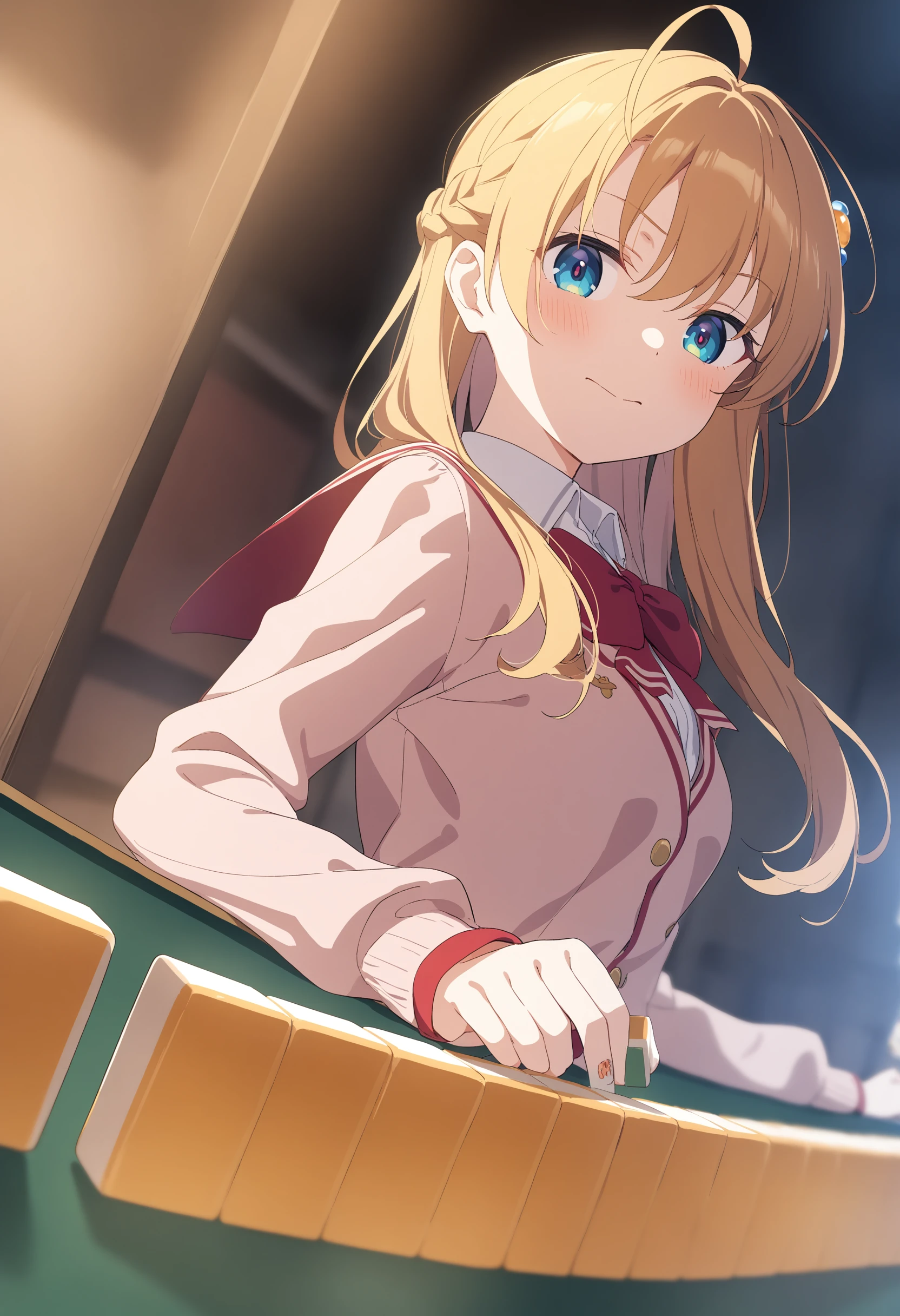 1girl,sincos, ningen mame, toosaka asagi,solo,medium breasts,school uniform,
mahjong, mahjong tile, mahjong table, board game, playing games,<lora:mahjong_XL_v1:1.0>
from side, wide shot, looking at viewer, dark persona, closed mouth,blonde hair, brown eyes,
best quality, very aesthetic, absurdres,