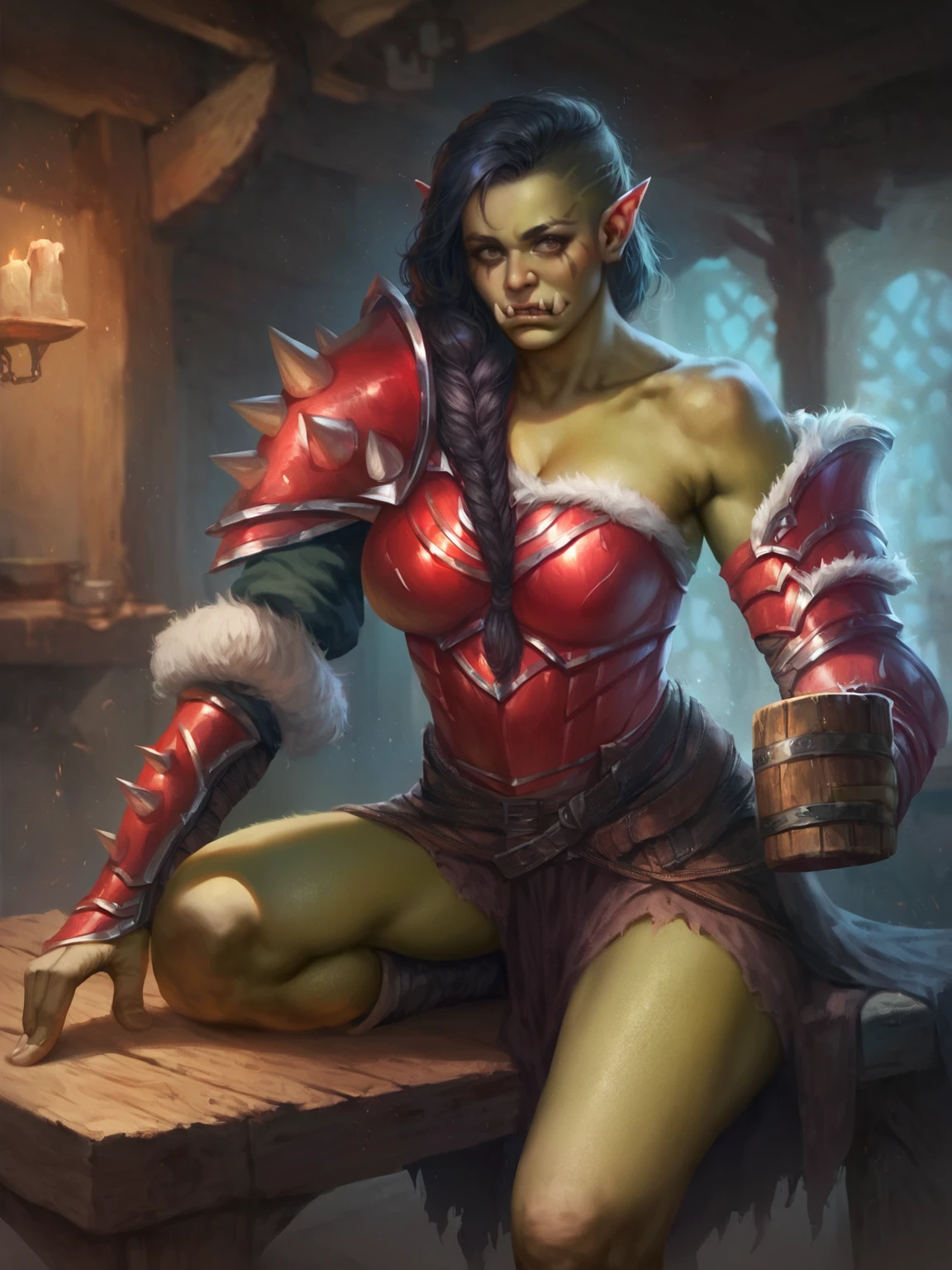 score_8_up, score_7_up, 1girl, beautiful big strong orc woman sitting on table and holding wooden mug, green skin, long black hair, single braid, spiked single shoulder pad, red armor with rivets, multiple belts, fur trim, boots, tavern indoors, fantasy, <lora:sxz-iromonik-smol-pdxl:1> irmnk style, realistic,