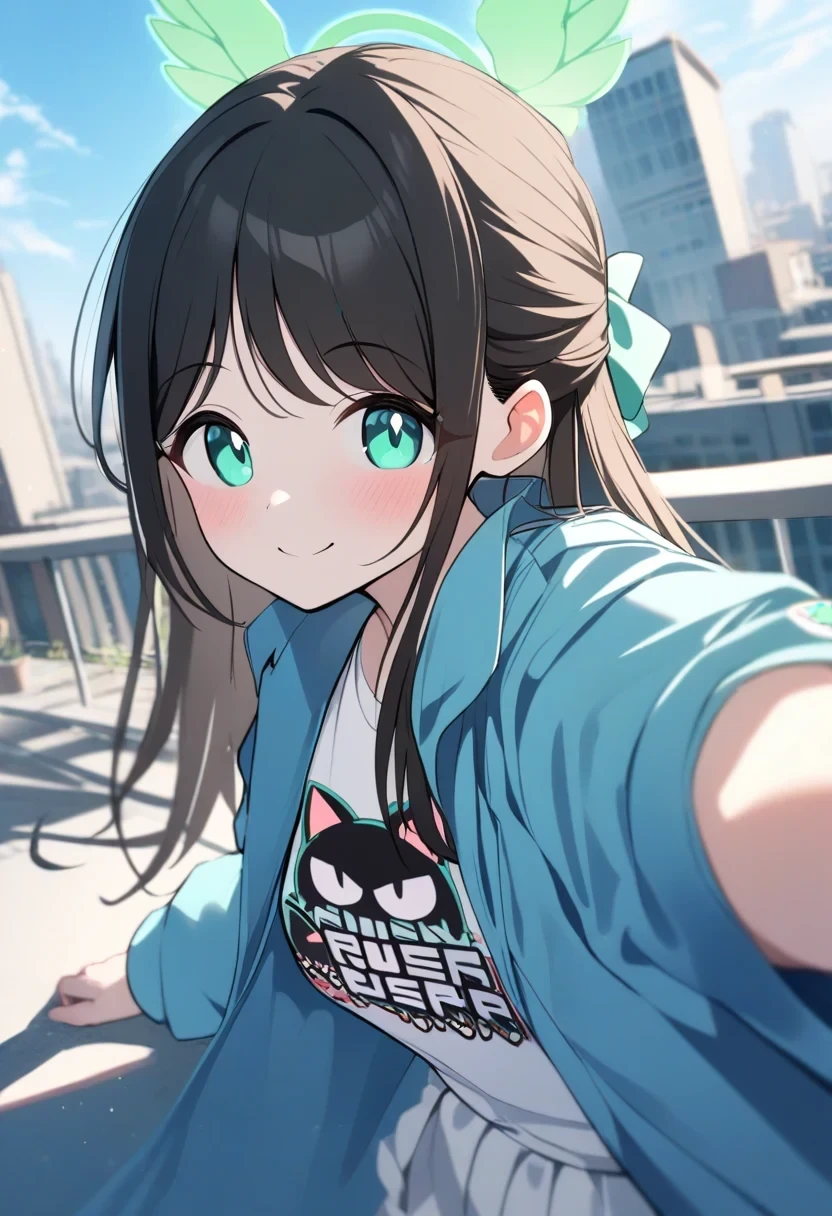 (masterpiece, best quality, ultra-detailed, highres),perfect face, sidelighting, lustrous skin,(bloom), (shine), ray tracing, sci-fi, 1girl, solo, wearing a band tshirt, denim jeans,(holographic green eyes),earrings, long_hair,(mature),depth_of_field,very detailed background,extreme light and shadow,(detailed eyes), (beautiful) beautiful detailed eyes, (seductive smirk), island scene background, perfect lighting , perfect anatomy, upper body ,close up , pov