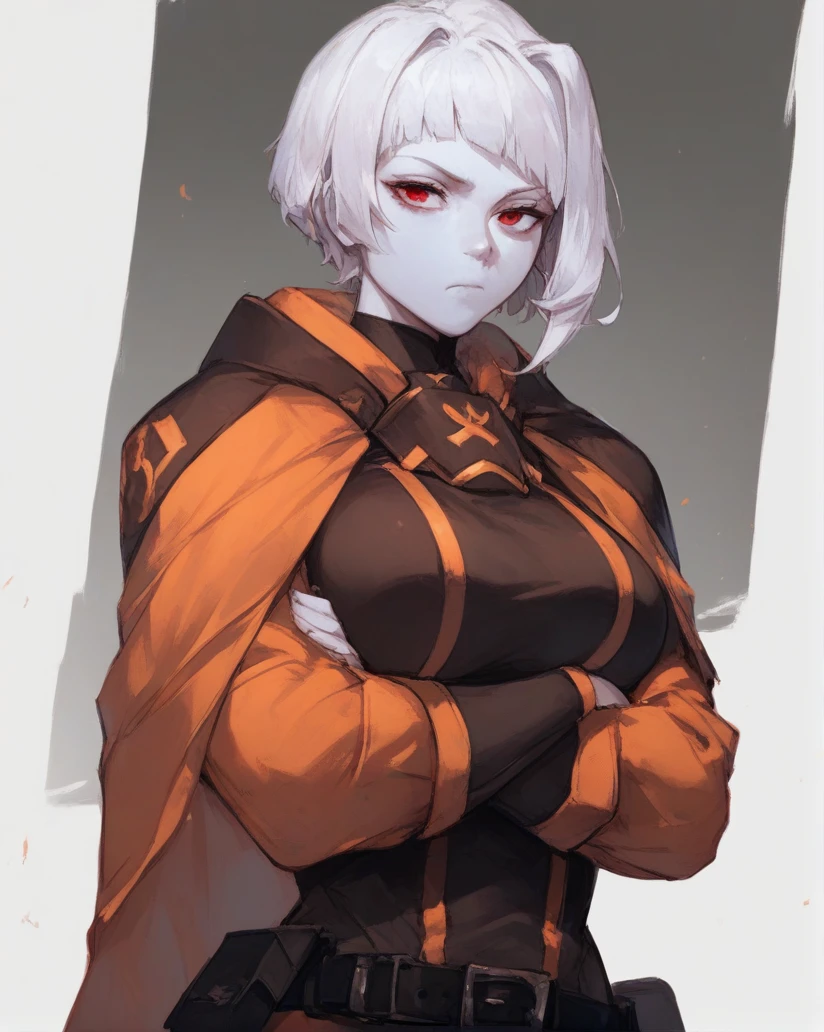 (score_9, score_8_up:1.1), score_7_up, <lora:Myo_LOR_Model:1>, LibMyo, 1girl, solo, breasts, looking at viewer, short hair, large breasts, simple background, red eyes, white background, closed mouth, white hair, belt, cape, bodysuit, colored skin, crossed arms