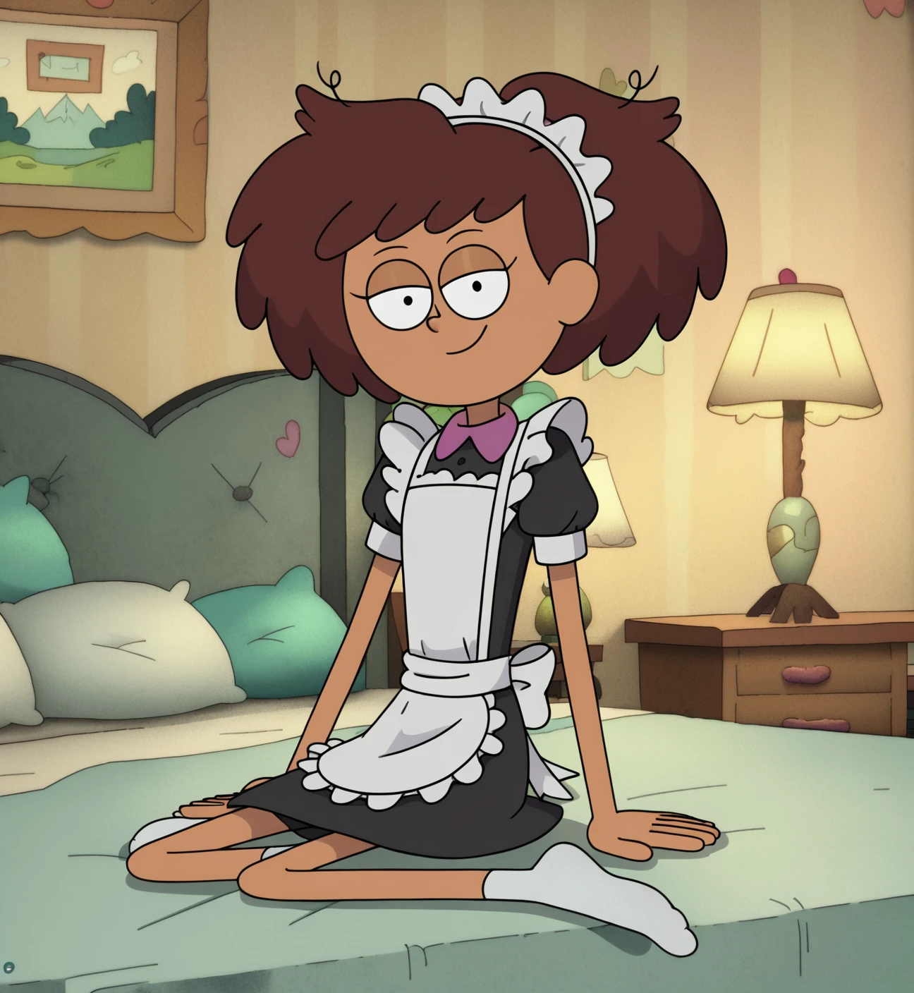 <lora:Amphibas_Anne_Boonchuy-000033:0.7> Anne Boonchuy, short, ponytail, maid outift, ((score_9)), bedroom, sitting, looking at viewer, smiling, Amphibia style