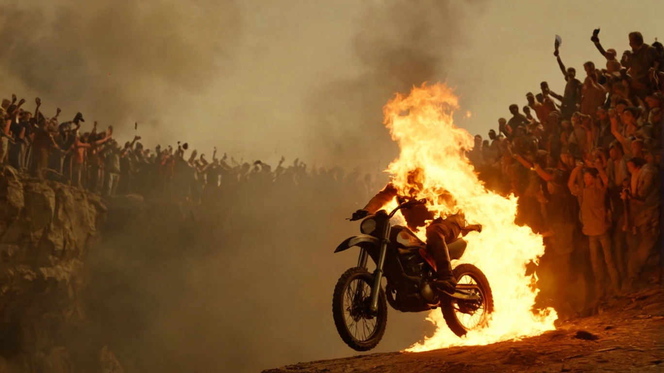 cinematic Film Still action shot a burning immolation stuntman jumping a motorcycle over a cliff <lora:immolation-lightWeight:1>, crowd cheering