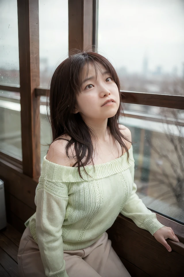 <lora:shihoActual08:1> shiho, 1girl, 
BREAK
"Depict a woman gazing out the window of a cafe, lost in thought and enjoying the peaceful moment. Frame the shot from a slightly elevated angle, capturing her from the shoulders up, with the cityscape or nature outside the window in the background. She can have a thoughtful expression or a peaceful one, wearing a comfortable outfit that suits the cafe atmosphere. The background can be a bustling city street or a tranquil park, with people walking by or birds chirping."
BREAK
<lora:AdvancedEnhancer:2>, bokeh, professional lighting,, [:"Inviting smile, framed with a layer of grace":0.3]