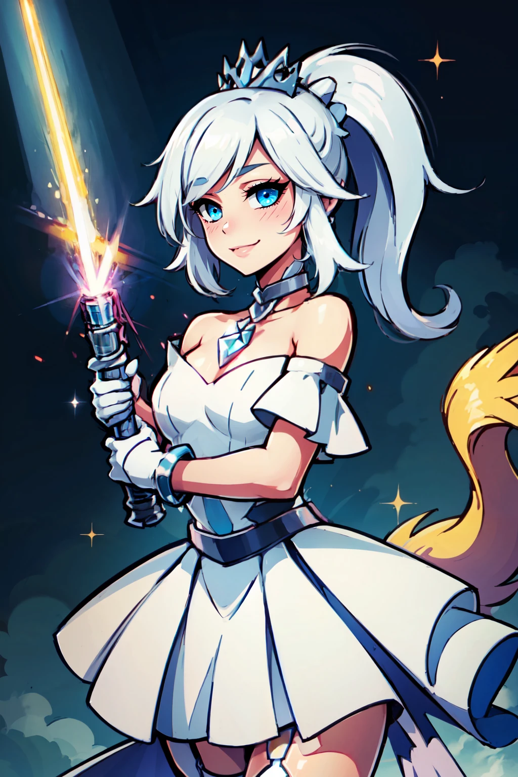 ((masterpiece,best quality)), absurdres, , <lora:Reshiram_Pokemon:0.8>, Reshiram, smile, cowboy shot, 1girl, blue eyes, white hair, ponytail, bracelet, diamond (shape), dress, frilled dress, frills, gloves, jewelry, off shoulder, pendant choker, smile, strapless, strapless dress, tiara, twintails, veil, white gloves, ,<lora:LightSaber:0.8>, zzLightSaber
