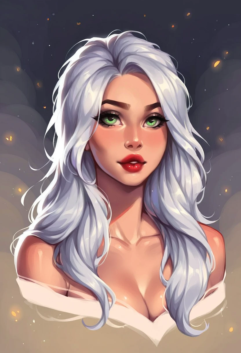 very beautiful and aesthetic, raw photo, realistic, score_9, score_8_up, score_7_up, score_6, score_5, score_4, rating_safe, dark theme, 1girl, A woman with sharp cheekbones and piercing emerald eyes stares confidently out of the canvas. Her eyebrows are a dark, dramatic arch, contrasting with her pale skin and glossy, cherry red lips. Light catches the edge of her silver hair, which tumbles down her shoulders in loose waves. The background is a swirl of inky blues and purples, emphasizing the intensity of her gaze.