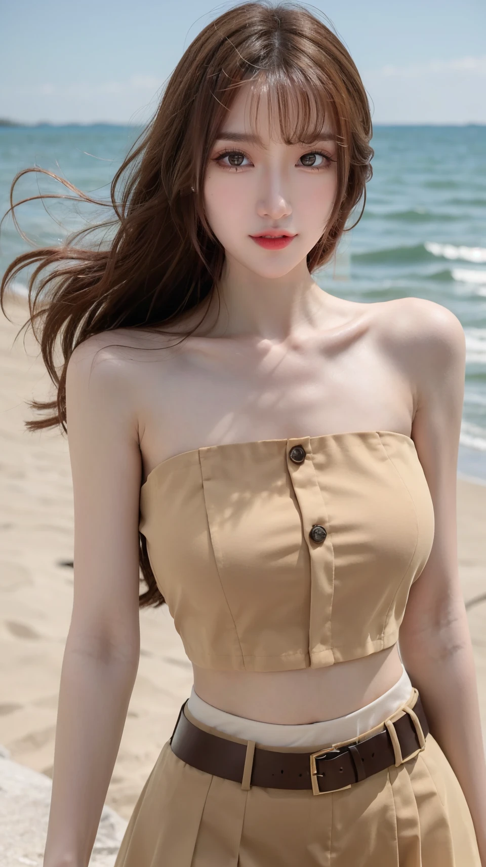 masterpiece,best quality,bright colors,solo,photo_,(1girl:1.3),(standing:1.3),(looking at viewer:1.4),Elegant,detailed gorgeous face,(upper body:1.4),realistic,dappled sunlight,(seaside background:1.4),sun,,MIS,skirt,belt,crop top,<lora:MIS42:0.75>