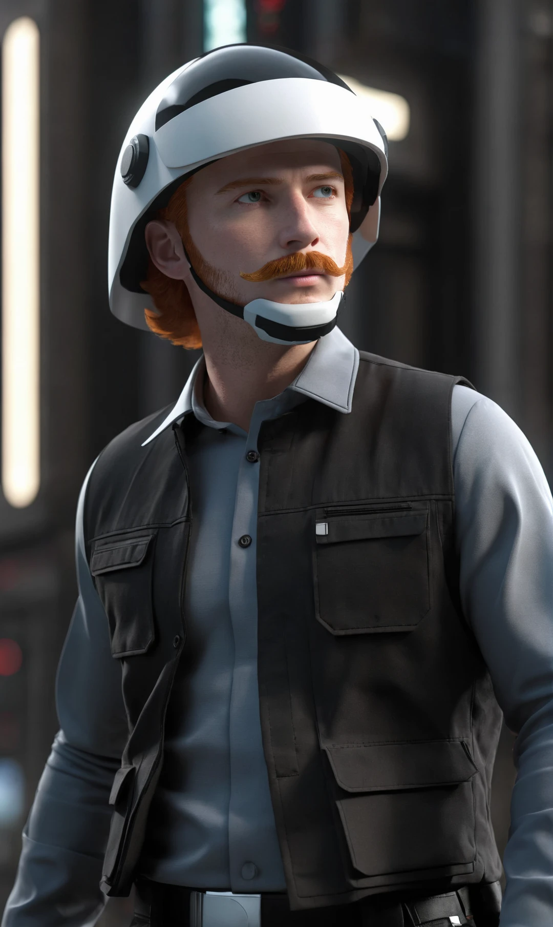 RAW photo,rebel trooper uniform,man with moustache ,ginger moustache,black vest,collared shirt,black and white helmet,in a sci fi city,long sleeves,<lora:RebelTrooperXL:0.8>, highly detailed . octane render, highly detailed, volumetric, dramatic lighting