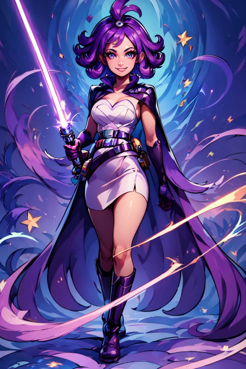 score_9, score_8_up, score_8, medium breasts, (curvy), cute, eyelashes, zzLightSaber, holding lightsaber, gloves, boots, elbow gloves, belt, cape, acerola (pokemon), purple hair, purple hair, topknot, flipped hair, smile, looking at viewer, full body, <lora:LightSaberP1:1>, <lora:Vivid:0.8>, embedding:zPDXL,