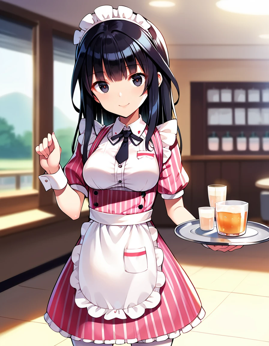 score_9, score_8_up, score_7_up, source_anime,
cinematic, dramatic, blurry background, depth of field,
1girl, solo, standing, joyful, smile, greeting, holding tray, looking at viewer,
indoors, day, in cafe, entrance, sunlight,
<lora:AgatsumaKaede_pony_V1:0.9>
agtmked, long hair, black hair, blunt bangs, black eyes, medium breasts,
waitress, pink dress, vertical-striped dress, puffy short sleeves, black ribbon tie, waist apron, white apron, frilled apron, wrist cuffs, white thighhighs, zettai ryouiki, headdress,